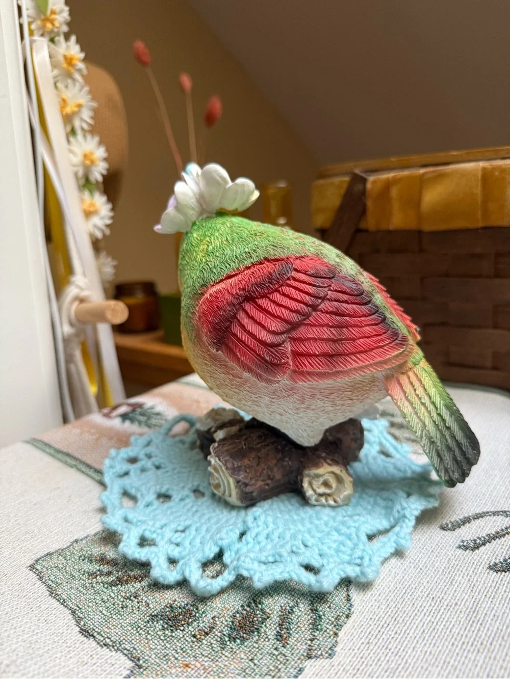 Colorful Decorative Bird Figurine with Pastel Floral Accents -Green, Red, Yellow